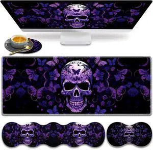 Large Gaming Mouse Pad, Keyboard Wrist Rest Pad + Mouse Wrist Pad + Coaster 4 in 1 Set, Extended Waterproof Non-Slip Desk Mat, Suitable for Office Home Learning Games, Skull Butterfly