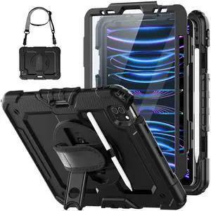 HXCASEAC Case for iPad Pro 11 Inch Case (2022/2021/2020/2018) Shockproof Design with Pencil Holder/Screen Protector/Rotating Hand Strap, Protective Cover for iPad 11 Pro 4th/3rd/2nd/1st, Black