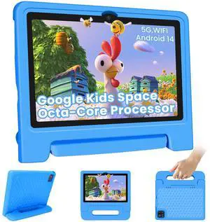 Iconiotk Kids Tablet 10.1 inch Android 14 Octa-Core 64GB 6000mAh Kids Space Parental Control HD Touchscreen Shockproof Case Dual Camera Gift for Toddler Age 3-9 (Blue)