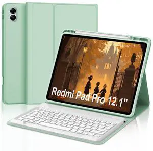 IVEOPPE for Redmi Pad Pro Keyboard with Case for Xiaomi Redmi Pad Pro 12.1 inch 2024/Xiaomi Poco Pad 12.1" PU Leather Cover Detachable Bluetooth Wireless Keyboard with Pencil Holder,Green