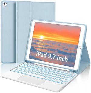 for iPad Keyboard case 9.7 inch, iPad 6th Gen (2018), iPad 5th Gen (2017), iPad Air 2 (2014), Multi-Touch Trackpad, Detachable Backlit Folio Keyboard Slim Cover with Pencil Holder,Light Blue