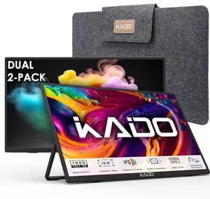 Kado Dual Portable Monitor Setup - 2-Pack 15.6'' FHD 1080p, Ultra-Slim Laptop Monitor 1920x1080 with Built-in Speakers, IPS Display 180deg Kickstand Stacked Desktop Setup Office Gaming Daytrading