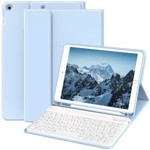 KVTVOU Keyboard for iPad 9th/8th/7th Generation (2021/2020/2019), Folio Detachable Wireless Bluetooth Keyboard, Flip Stand Case with Pencil Holder & Auto Wake/Sleep for iPad 10.2 Inch, Sky Blue