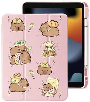 Cute Kawaii Capybara for iPad 10th Generation Case 10.9 Inch 2022 with Pencil Holder, Auto Sleep/Wake, Pink Leather Clear Acrylic Back Cover