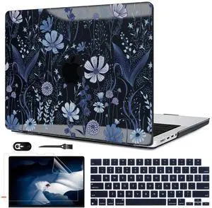 LCMOCICO for MacBook Pro 14 inch Case 2024 M4 A3112 A3185 A3401/M3 A2992 A2918/M2 A2779/M1 A2442 Pro/Max Chip (2024 2023 2022 2021 Release), Pattern Plastic Hard Shell Case Cover, Wild Flowers Black