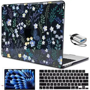 LCMOCICO for MacBook Air 15 inch Case 2025 2024 2023 Release M4 A3241 M3 A3114 M2 A2941 Liquid Retina Display & Touch ID, Pattern Plastic Hard Shell Case Protective Cover, Meadow Wildflower Black