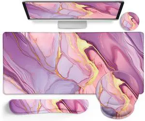 LIMKRIAN Marble Mouse Pad Set Large Desk Matt for Desktop, Ergonomic Mouse Pad with Wrist Rest for Gaming Wrist Support Keyboard Mat Cup Coaster Set Office Desk Decor Accessories