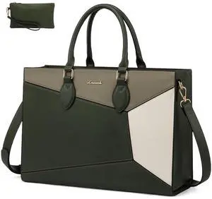 LOVEVOOK Laptop Bag for Women,15.6 lnch Waterproof Lightweight Leather Tote Bag,Professional Business Office Work Bags with Clutch Purse,Large Capacity Computer Shoulder Handbag,Army-Grey-White