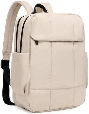 Quilted Laptop Backpack 15.6 Inch with USB Charging Hole,Lightweight Puffer Padding Travel Backpack for Women,Anti Theft College Bookbag,Large Capacity Computer Work Bag Daypack Business,Khaki