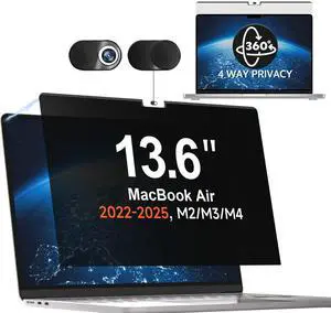360deg Magnetic Privacy Screen for MacBook Air 13.6 & 13 Inch 2022-2025 (M2, M3, M4), Removable Anti Glare Blue Light Filter, 4 Way Anti Spy Black Protector for Mac Air 13In Laptop Computer