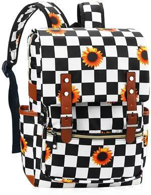 MCWTH Checkered Sunflower Laptop Backpack for Girls Women, 15.6 inch College School Bag Bookbag
