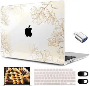 MEEgoodo for M4/M3/M2 MacBook Air 15.3 inch Case 2025 2024 2023, Case Fit Model (A3241/A3114/A2941) for MacBook Air 15 inch, Laptop Hard Shell with Keyboard Cover, Drawn Golden Floral