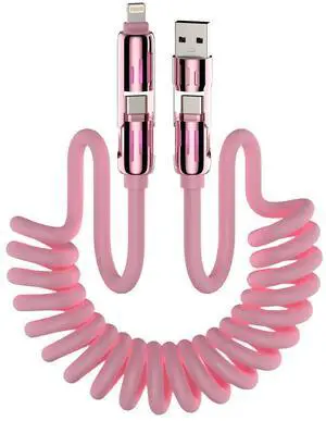 MFish 4-in-1 Coiled Universal USB Charging Cable -MAX 240W Fast Charging/Charger Cord with Multi USB Port for iPhone 16/15 14 13 iPad Samsung Galaxy MacBook iPad Tablets and More (Pink, 5.6Ft)