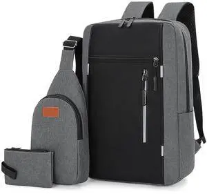 MultiValue Backpack,Waterproof Laptop Rucksack Large Capacity Three-Piece Daypack for Men Women Travelling Working (Grey)