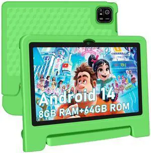 NRKDUBQ Tablet for Kids, 10.1 inch IPS HD Touchscreen Android 14 64 GB Storage, 8GB RAM, Octa Core Kids Tablet, Parental Controls, 12-hr Battery, WiFi, GPS - Green