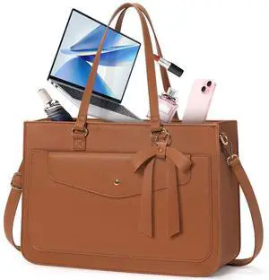 RAINSMORE Laptop Bag for Women 15.6 Inch Work Tote Bags Leather Laptop Tote Waterproof Computer Bag Professional Office Business Briefcase Large Handbag for College Teacher Travel, Brown