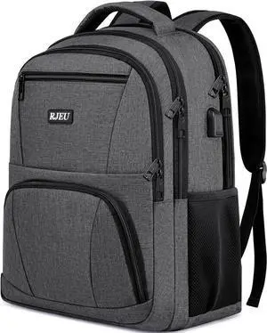 RJEU Backpack for Men and Women, School Backpack for College Students, Teens, with 15.6 inch Laptop Sleeve, Travel Laptops Backpack with USB Charging Port, Ergonomic Straps - Bookbag Grey