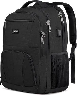 RJEU Backpack for School, Boys Backpack with USB Charging Port, Water Resistant College Back Pack for Men Fits 15.6 Inch Laptop, High School Bookbag Black