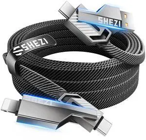 [Upgraded 2.0] SHEZI 4-in-1 Long USB C Cable 60W 10FT Lightning Cable MFI Certified [Fast Charging&Data Sync] Flat Braided Multi Charger Cord Wire Combo with L/USB C/A Port for iPhone/iPad&All Devices