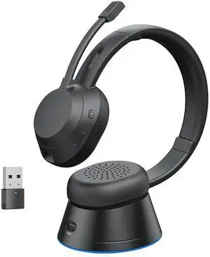 Wireless Headset with Mic for Work, Bluetooth Headset with Microphone (Environmental Noise Cancellation), Wireless Headphones with USB Dongle & Charging Dock for PC/Teams/Zoom/Call Center/Home