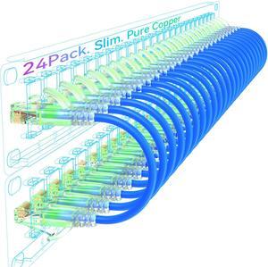 Sokqovt Cat6a Slim Ethernet Patch Cable 3ft (24 Pack), Flexible 10G 550MHZ, 28AWG Pure Copper for Network Cabinet, Cat 6 Blue
