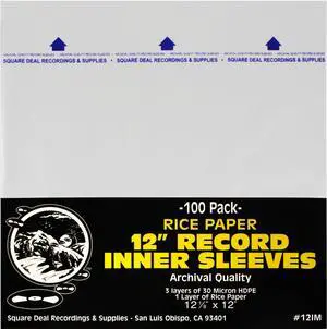 (100) 12" Record Inner Sleeves - 3-Layers of Archival Quality, Anti-Static HDPE with Rice Paper Enclosed Insert for Extra Rigidity #12IM
