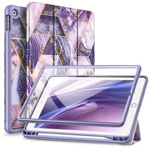 SURITCH for iPad 9th/8th/7th Generation, iPad 10.2 Case, [Built in Screen Protector] [Pencil Holder] Lightweight Leather Smart Cover and Magnetic Trifold Stand for iPad 2021/2020/2019-Purple Marble
