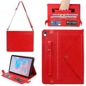 Techcircle iPad Mini Case - Folio Stand PU Leather Crossbody Cover with Hand Strap+Shoulder Strap, Multi-Card Slots Envelope Pocket Wallet Case, Red