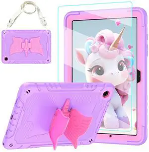 TOMORRY Case for Samsung Galaxy Tab A9+/ A9 Plus 11 inch 2023 with Tempered Glass Screen Protector, Unicorn Stand Shoulder Strap, Shockproof Tablet Case Kids Girls (Purple)