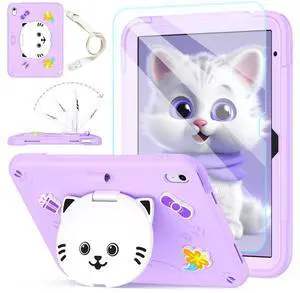 TOMORRY Case for iPad (A16) 11th 2025 /10th Generation 10.9 Inch 2022 with Tempered Glass Screen Protector,Cat Stand & Pencil Holder Shoulder Strap,Shockproof for iPad Case 10th Gen kids Girls -Purple