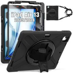 TSQQST Case for iPad Air 13 Inch M3 M2 2025 2024 with Screen Protector, Pencil Holder, Stand, Hand Strap, Military Grade Heavy Duty Rugged Case for iPad Pro 12.9 6th/5th/4th/3rd Gen, Black
