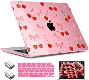 TWOLSKOO Compatible with M4 MacBook Air 15 inch Case 2025-2023 Released Model M4 A3241 M3 A3114 M2 A2941, Plastic Hard Shell & Screen Protector & Keyboard Cover & Type C Adapter, Cute Cherry