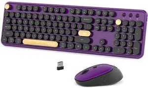 Colorful Wireless Computer Keyboards Mouse Combos, UBOTIE Polychrome Round Keycaps Retro PC Keyboards 2.4GHz Radio Frequency Connection with Optical Mouse(Black Purple)