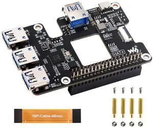 Waveshare PCIe to USB 3.2 Gen1 HAT for Raspberry Pi 5, PCIe to USB HUB, Extends The PCIe Interface to 4X High Speed USB 3.2 Gen1 Ports Driver-Free Plug and Play HAT + Standard
