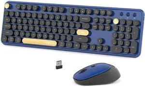 Colorful Wireless Computer Keyboards Mouse Combos, UBOTIE Polychrome Round Keycaps Retro PC Keyboards 2.4GHz Radio Frequency Connection with Optical Mouse(Black Blue)