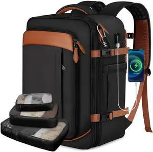 Vancropak 40L Travel Backpack for Women & Men, Large Expandable Carry on Backpack for Airplanes with 3 Packing Cubes, Airline Approved Water Resistant Anti Theft Travel Bag fit 17" Laptop, Black Brown