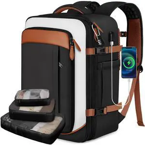 Vancropak Flight Approved 40L Expandable Carry On Travel Backpack, Lightweight Weekend & Short Trip Travel Bag with 3 Packing Cubes, Water-Resistant Anti-Theft Luggage for Men Women, Black White Brown