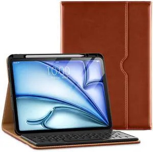 VIKESI Keyboard Case for iPad Pro 13-inch M4 Released in 2024, Premium Leather Smart Cover, Built-in Breathing Light, Function Row, Pencil Holder, Card Slots - Brown
