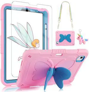 for iPad Air 5th/4th Generation Case with Screen Protector,iPad Pro 11 Inch Case Butterfly Stand Strap Cute Dolls Pencil Holder Kids Hard Cover for iPad Air 4th 5th 10.9/iPad Pro 11 2022-Pink Blue