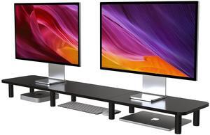 WEGASTU 43.7" Extra Long Dual Monitor Stand Riser, Wood & Steel Monitor Stand for 2 Monitors, Wide TV Stand, Desktop Riser for Desk Organization, Home Office,Laptop,Printer,TV (Black)