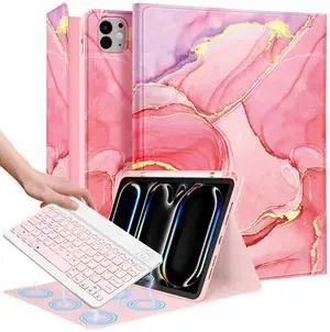Wazzasoft for iPad Pro 11 inch Case 2024 M4 with Keyboard - Pencil Holder Folio Tablet Cover Women Girls Cute Kawaii Flower Art Unique Design for Apple Pro 11 A2925 A2926 A3007