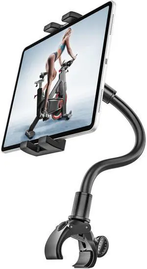 Gooseneck Spin Bike Tablet Holder, Handlebar Clamp Tablet Mount for Stroller, Wheelchair, Indoor Peloton, Treadmill, Stationary Exercise Bicycle, Elliptical, for 4-13" iPad Pro Air Mini, Galaxy, Fire