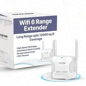 2025 AX1500 Wifi 6 Extender Signal Booster - 13,000 Sq.Ft Coverage, Dual-Band 5.8GHZ & 2.4GHZ | 1500mbps Speed Long Range Wi Fi Extender with Ethernet Port & Cable | 100+ Devices | No Lag & Dead Zone