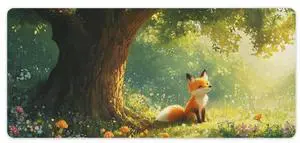 Fox Mouse Pad - Large Gaming Desk Mat with Cheerful Fox in Sunlit Forest Design, Non-Slip, Water-Resistant, Stitched Edges (40x90cm)