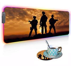 ZOXOHO RGB Gaming Mouse Pad with Coffee Coaster, Large Glowing LED Mouse Pad, Anti-Slip Rubber Base Computer Keyboard Desk Mouse Mat 31.5 X 11.8 Inch, American Army Troops Military