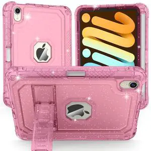 ZoneFoker Case for iPad Mini A17 Pro, for iPad Mini 7th/6th Generation Case 8.3 inch 2024/2021 with Pencil Holder/Stand, Slim Cover for i Pad Mini 7/6 (Clear Glitter Pink)