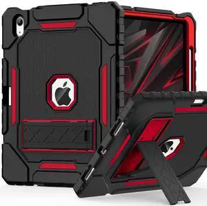 ZoneFoker Case for iPad (A16) 11th/10th Generation 11/10.9 inch 2025/2022, Heavy Duty Military Grade Shockproof Rugged Cover with Pencil Holder/Stand for i Pad 11th / 10 th Gen (Black+Red)
