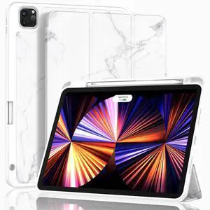 ZryXal New iPad Pro 11 Inch Case 2022(4th Gen)/2021(3rd Gen)/2020(2nd Gen) with Pencil Holder,Smart iPad Case [Support Touch ID and Auto Wake/Sleep] with Auto 2nd Gen Pencil Charging(Marble White)