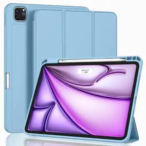 ZryXal New iPad Air 13 Inch Case M3 2025/M2 2024 with Pencil Holder, Trifold Stand Smart Case with Soft TPU Back,Auto Wake/Sleep(Azure Blue)