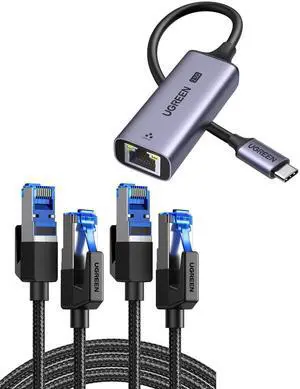 UGREEN 2 Pack Cat 8 Ethernet Cable 40Gbps 2000MHz High Speed with USB C to Ethernet Adapter 2.5G for MacBook, XPS, iPhone 15 Series & Gaming Consoles